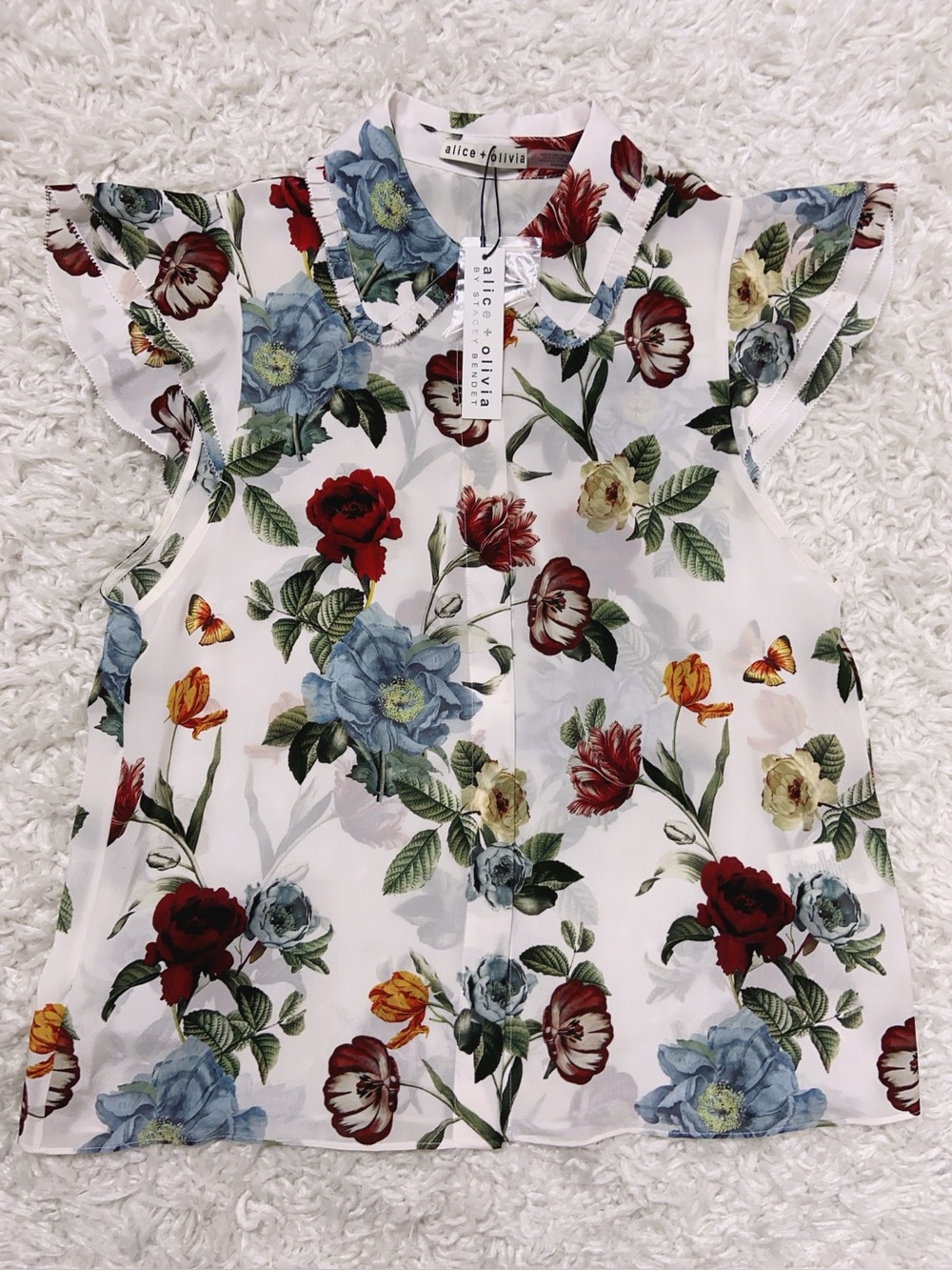 NWT Alice Olivia Martel Floral Flutter Sleeve Silk Button-Up Top - Picture 1 of 5